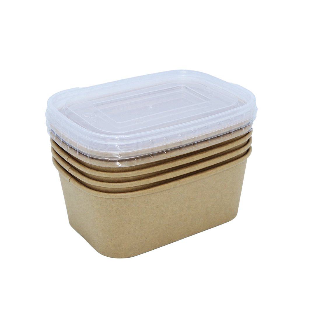 Paper Bowl 5Pc 880Ml W/Lid 17X12X6.5Cm Rect Kraft