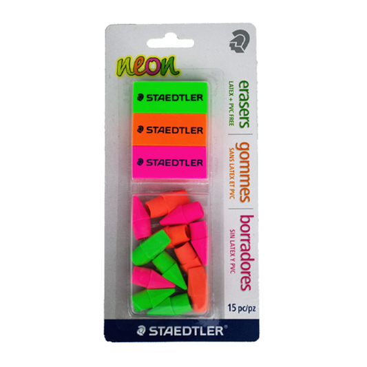 Staedtler Eraser 3Pc Neon + 12 Cap Erasers