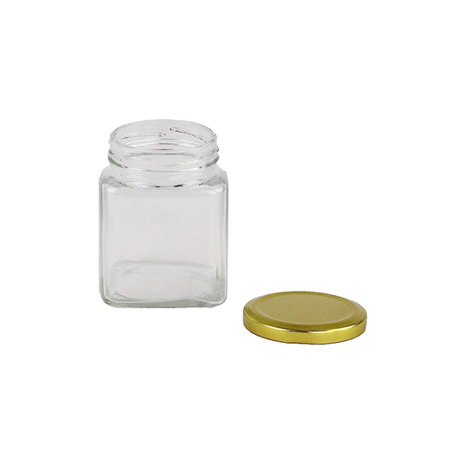 Jar Glass 8.5X6Cm 200Ml Square Clear Gold Lid