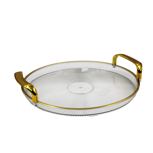 Tray 28Cm Round Clear Embossed  Gold Rim