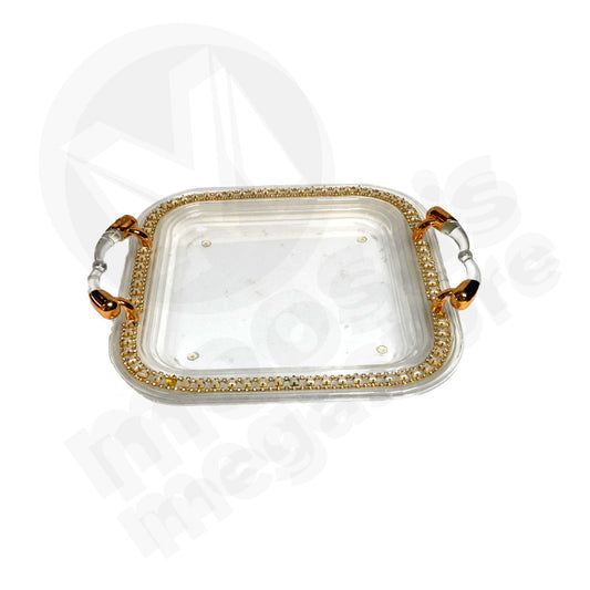 Tray 38Cm Square Acrylic Gold Fancy With 2 Handles
