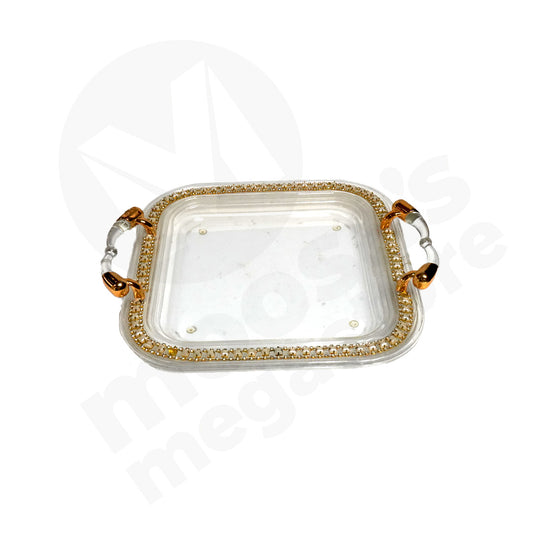 Tray 33Cm Square Acrylic Gold Fancy With 2 Handles