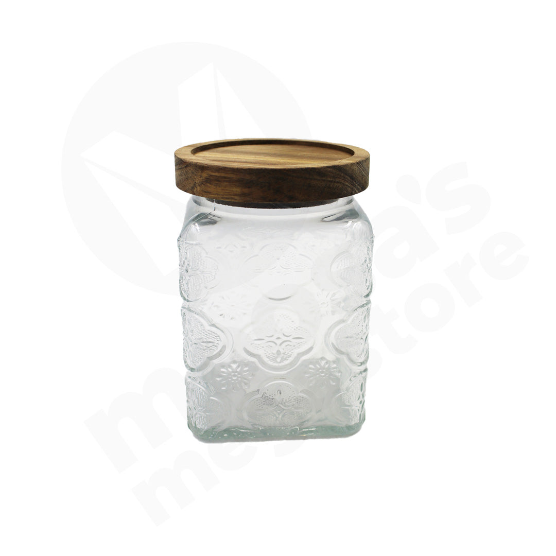 Jar 14X10Cm 750Mlsquare Clear Embossed Wooden Lid