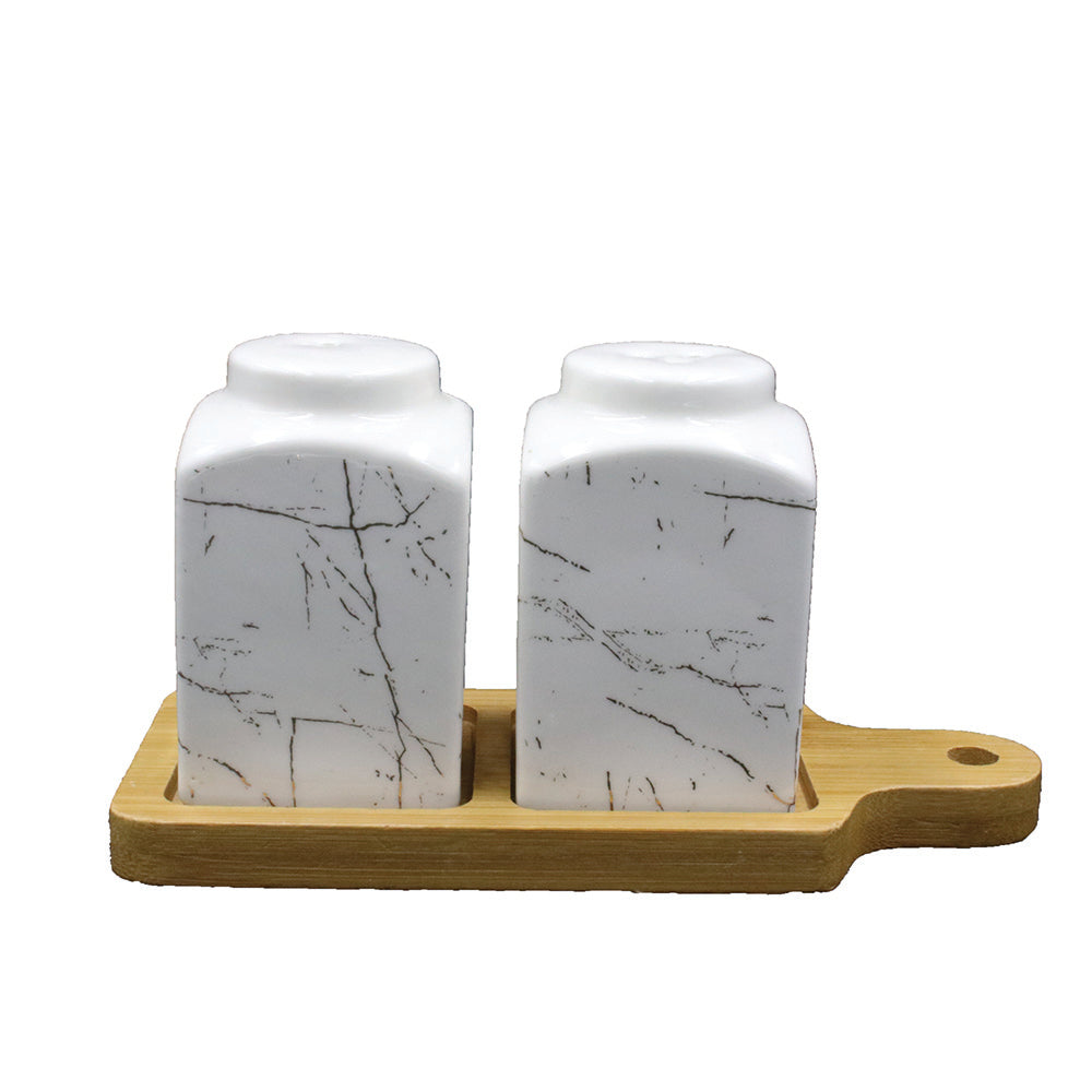 Salt & Pepper 2Pc Rnd/Sqr Bamboo Tray Marble Look