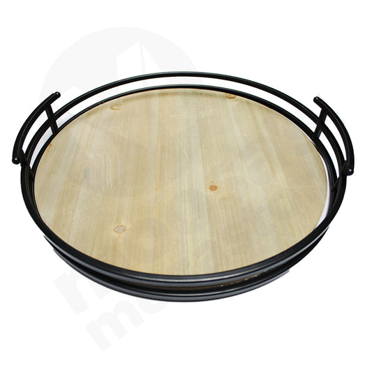 Tray 40Cm Round Wooden Black Frame 2Handle