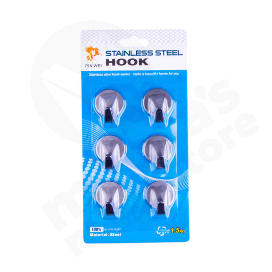 Hooks 6Pc Round Stainless Steel Carded