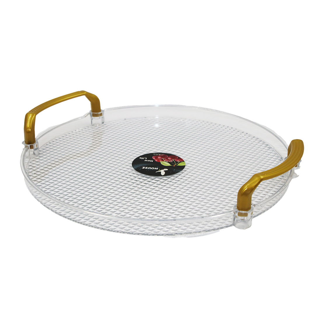 Tray 30Cm Round Clear Emboss Plastic Gold Handle