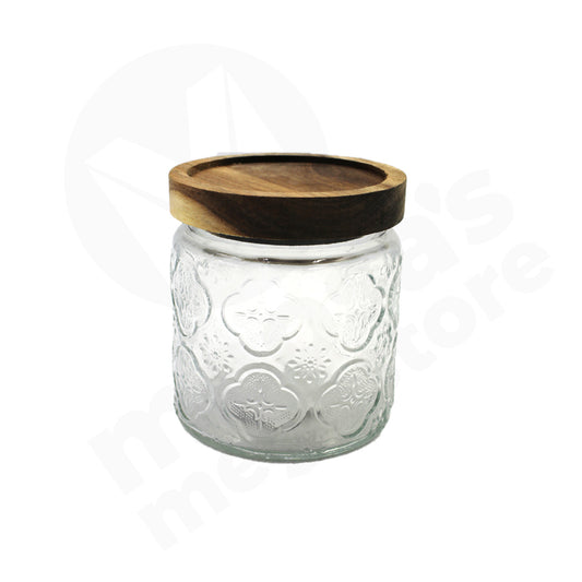 Jar 9X10Cm Round Clear Embossed Wooden Lid