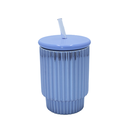 Cup With Lid & Straw 11X8Cm Ribbed Ceramic