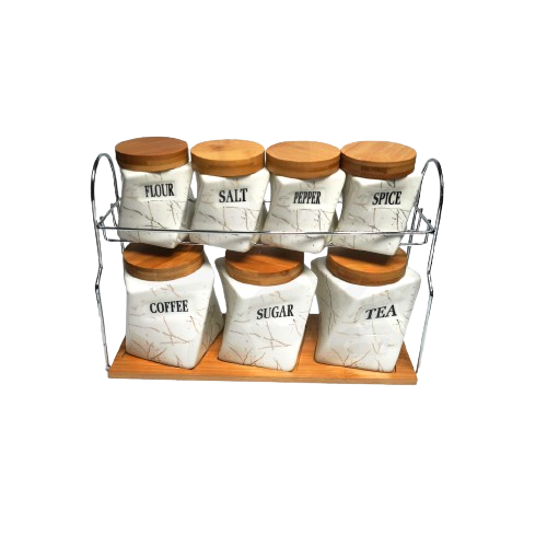 Canister Set 7Pc With Bamboo Rack Marble Look