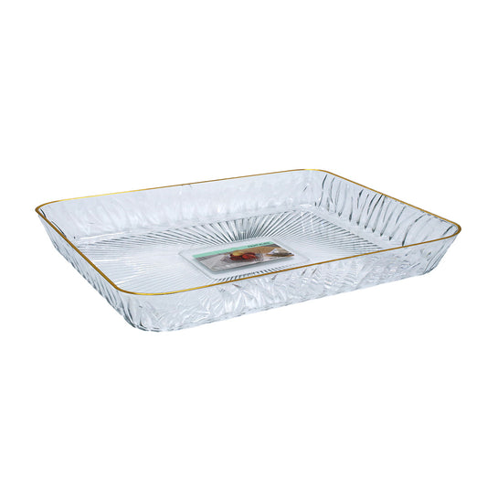 Tray 28X18Cm Rect Clear Embossed  Plastic Gold Rim