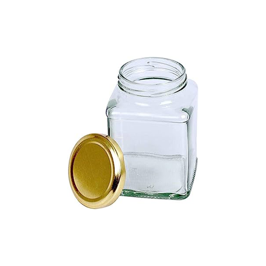 Jar Glass 10X7Cm 380Ml Square Clear Gold Lid