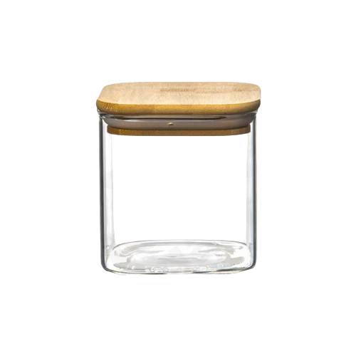 Jar 10Cm Square Clear Glass Wooden Lid