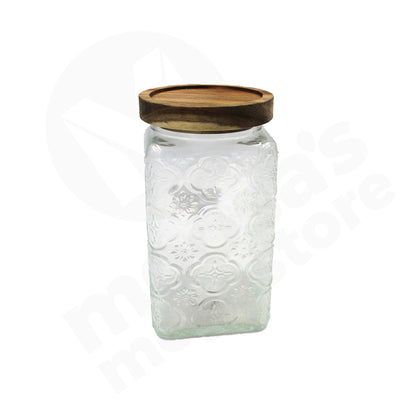 Jar 16X10Cm Square Clear Embossed Wooden Lid