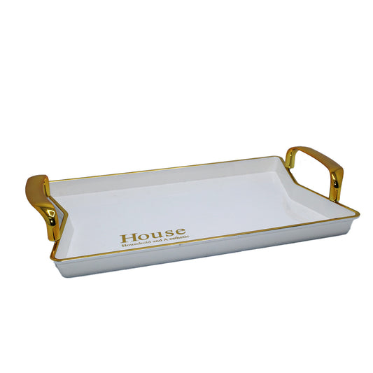 Tray 20X28Cm Rectangle  Gold Handle  Plastic House