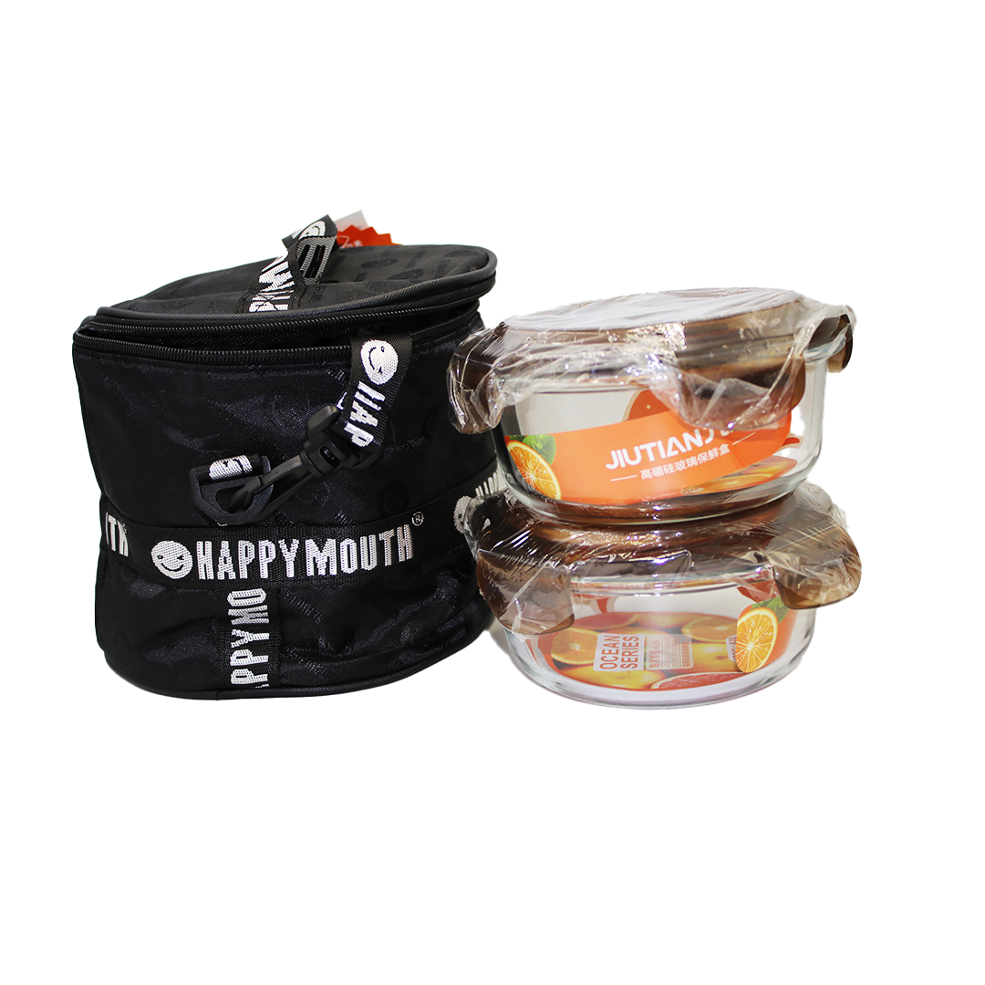 Lunch Box With 2 Glass Bowl Round Happy Mouth