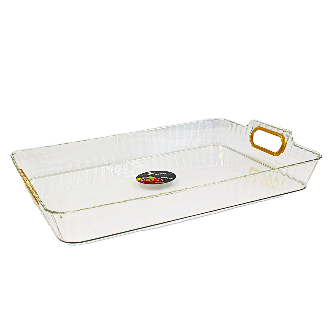 Tray 39X29Cm Rect Clear Emboss Plastic Gold Handle