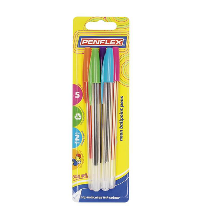 Pen Ballpoint 5Pc Carded Neon Med Assorted Penflex