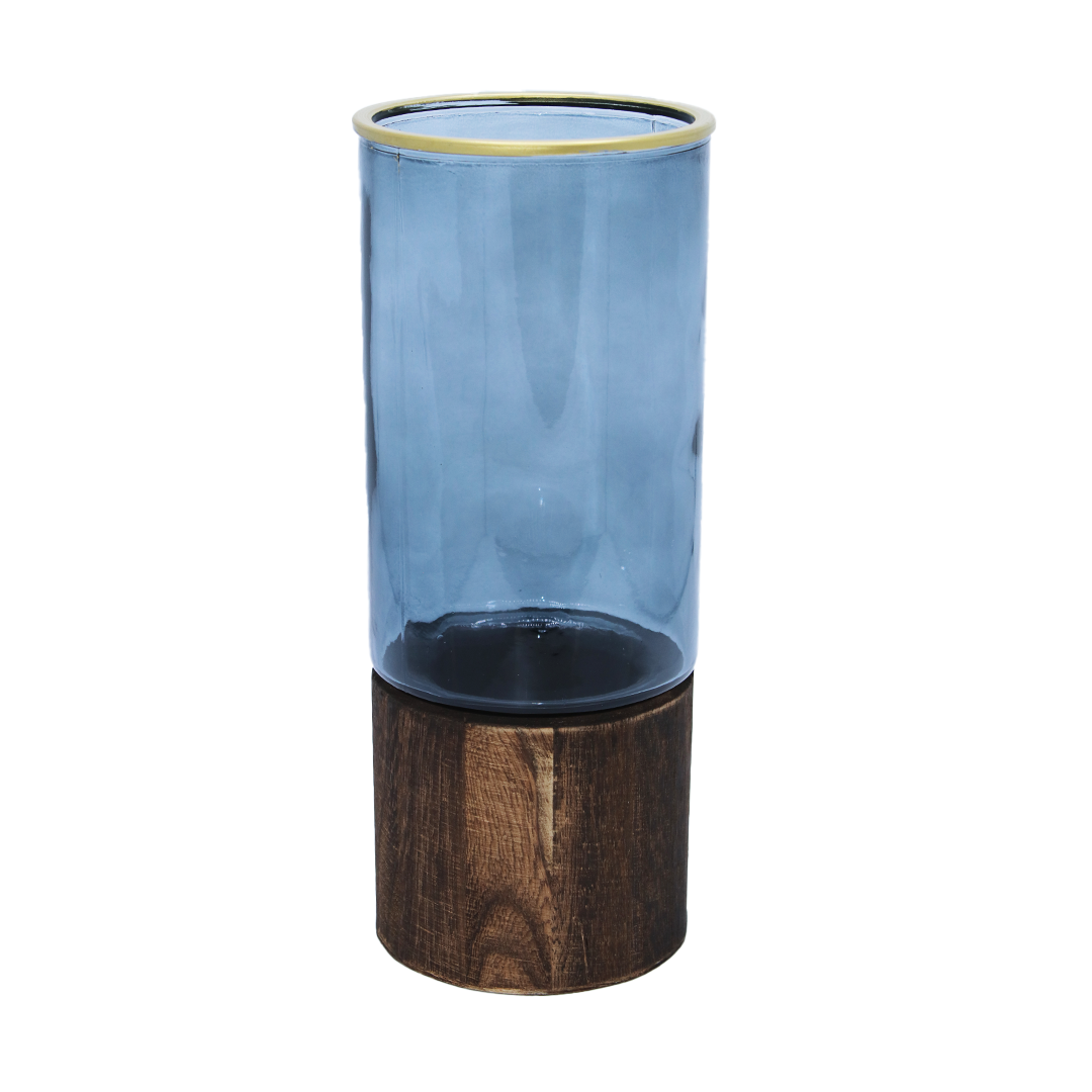 Vase 25X10Cm Glass Tinted Wooden Base Gold Rim