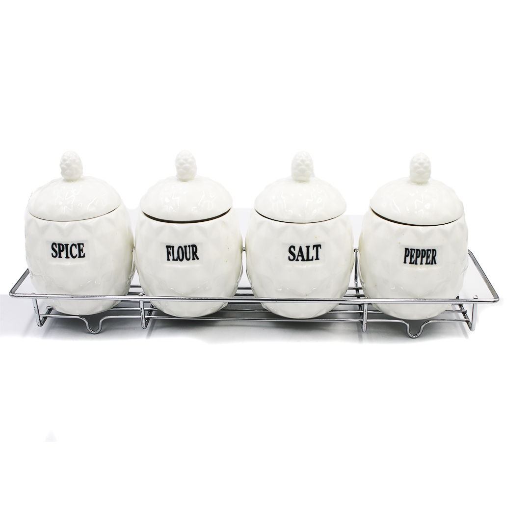 Condiment Set 4Pc White Porc With Chrome Stand