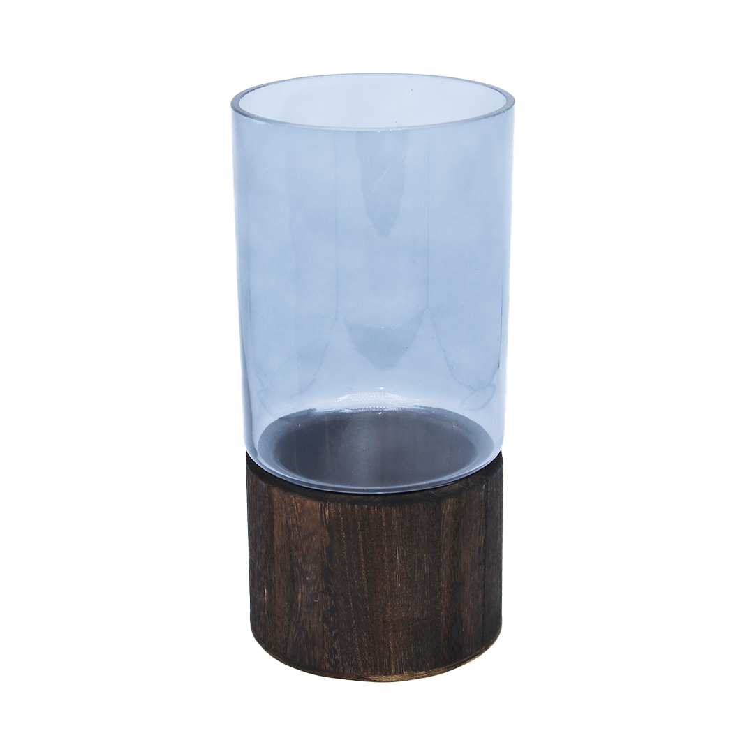 Vase 25X12Cm Glass Tinted Wooden Base Gold Rim