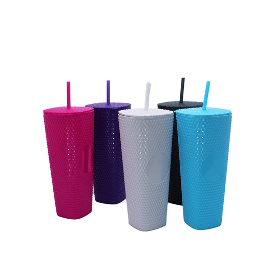 Tumbler  22X9Cm Square  Embossed  With Lid & Straw