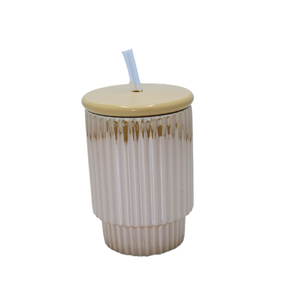 Cup With Lid & Straw 11X8Cm Ribbed Ceramic