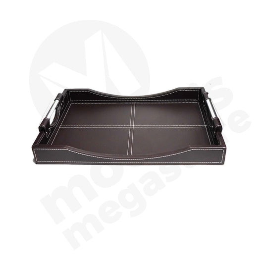 Tray  Leather 49X35Cm With Siver Handle