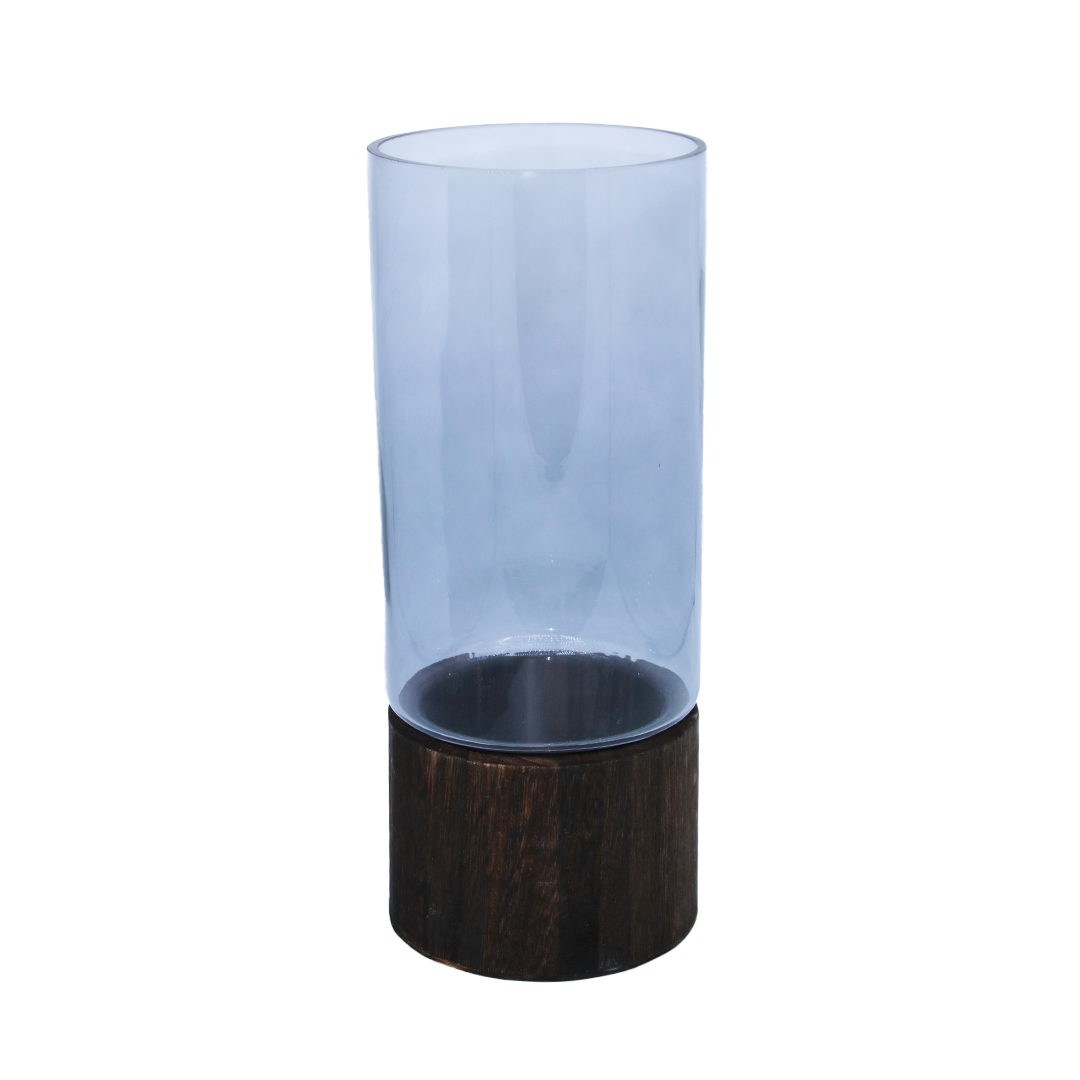 Vase 20X12Cm Glass Tinted Wooden Base Gold Rim