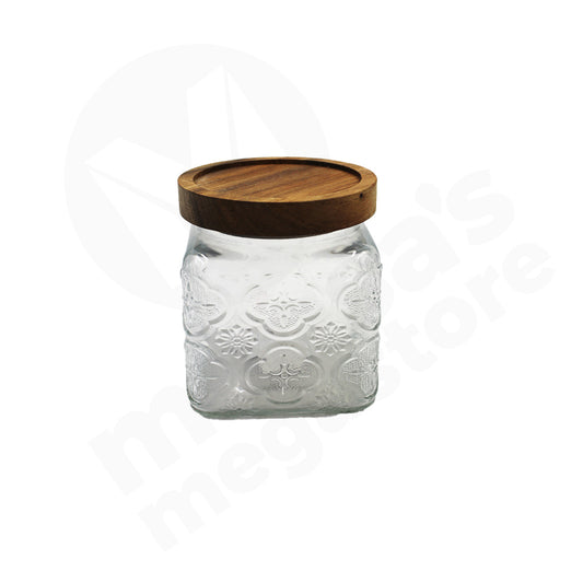 Jar 10X10Cm 500Ml Square Clear Embossed Wooden Lid