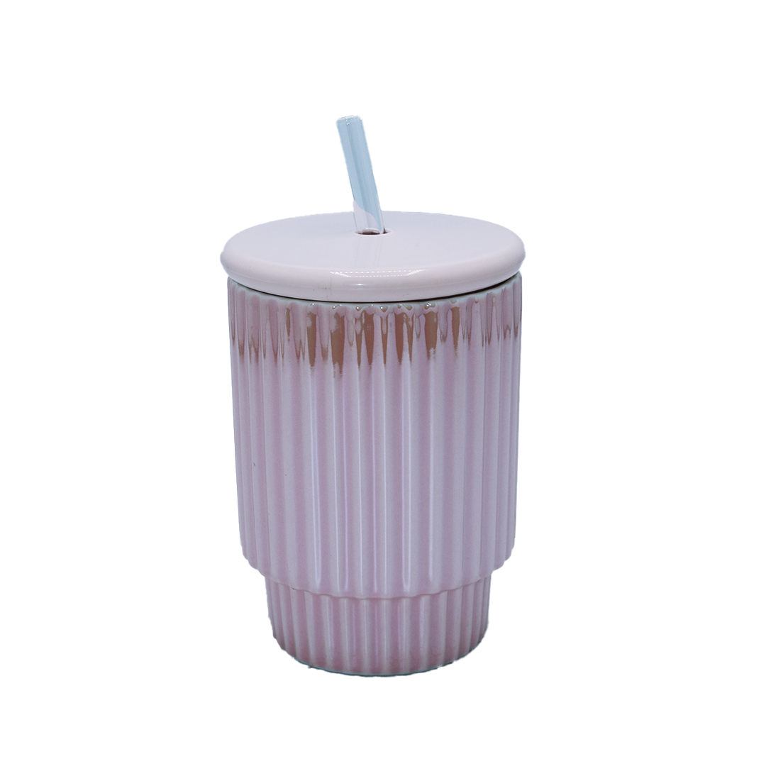 Cup With Lid & Straw 11X8Cm Ribbed Ceramic