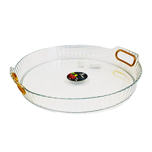 Tray 35Cm Round Clear Embossed Plastic Gold Handle