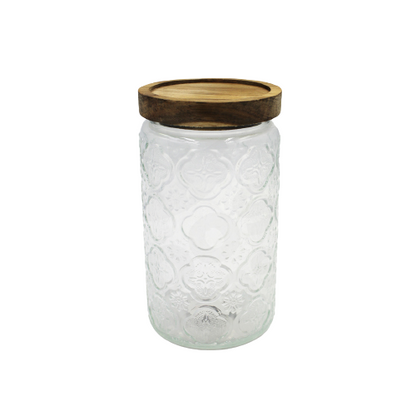 Jar 17X10Cm Round Clear Embossed  Wooden Lid