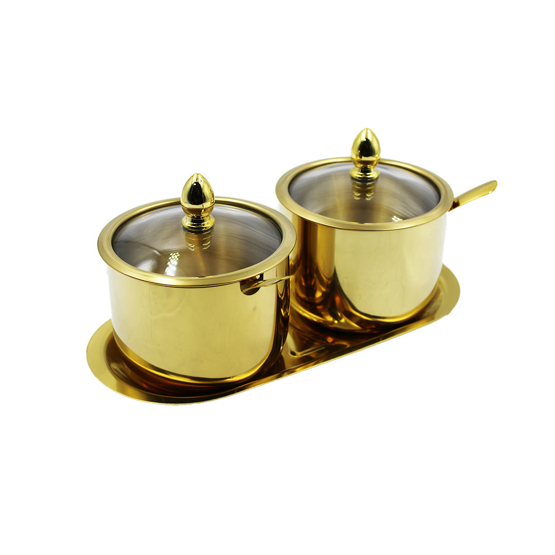 Spice Set 2Pc On Tray With Spoon Gold